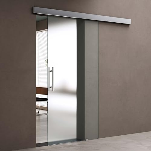 doporro Porta Scorrevole in Vetro per Interni 90x215 cm con Binario | Vetro di Sicurezza Satinato, Distanza dalla Parete 25 mm, Guida in Alluminio Inclusa, Montaggio Esterno Parete