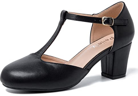 Peijely Dam T-Strap Mary Jane skor Chunky Block Heel Ankle Strap Buckle Dress Pumps, Svart matt, 44 EU