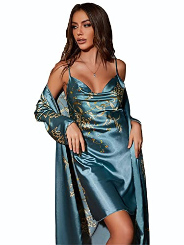 Nachthemd und Robe Set für Frauen Floral Nachthemd Weiche Kimono Robe Frauen Satin Bademantel Pyjama Set Cami Nachtwäsche