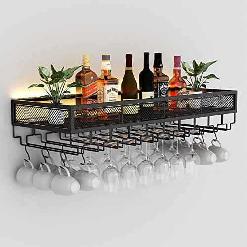 NileMAll Portabottiglie da Parete con luci e Porta calici, portabicchieri da Vino a Parete, portabicchieri da Vino Industriale con portabicchieri da Vino