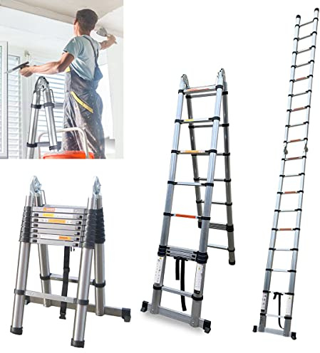 5M Telescopic Ladder with Stabiliser Bar, Multi-Purpose Folding Step Ladder, Stainless Steel 2.5M+2.5M A Frame Extendable Ladder Attic Ladder, EN131
