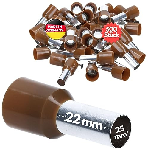 Kalitec 50x Terminali Isolati 25mm² - Puntali a Bussola 22mm, Marrone | Puntali AWG 4 in rame stagnato certificati UL per cablaggi industriali, ideali per crimpatura di cavi e motori elettrici.