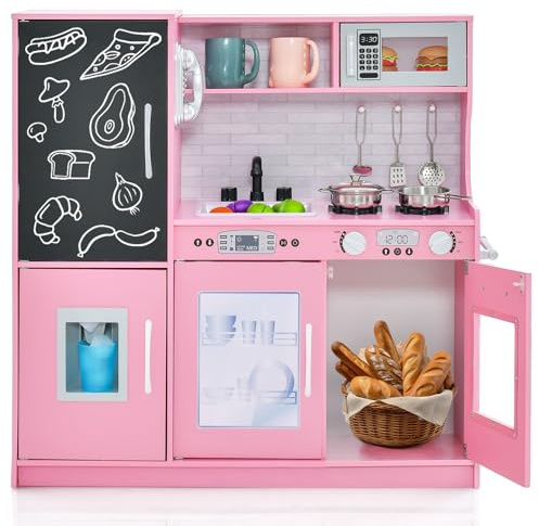 Costzon Kids Kitchen Playset, Wooden Pretend Cooking Toy Set w/Realistic Sound, Large Blackboard, Telephone, Microwave, Ice Maker, Dishwasher, Oven, Storage Space, Play Kitchen for Kids Ages 3+ (Pink)