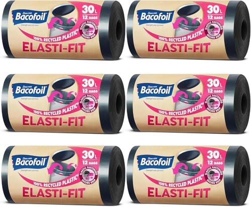 Bacofoil Elasti-Fit Bin Liners - 30L Recycled bin bags, 6 Rolls (72 Bags) - Leak-Proof, Elastic Fastening for Secure Fit - Made from 100% Recycled Plastic - Eco-Friendly Waste Disposal.