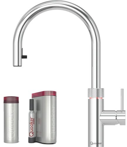 Quooker Wasserhahn Flex verchromt glänzend & PRO3 Reservoire für kochendes Wasser Heißwasser & Cube für gekühltes sprudelndes Wasser Sprudelwasser mit BieTal® Keramiktasse 355 ml