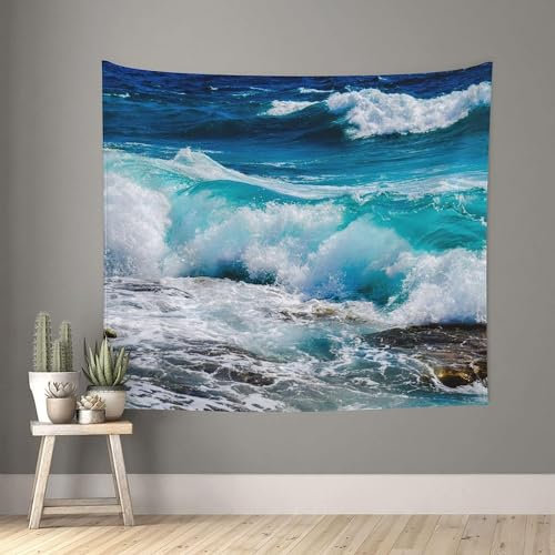Tizhweqo Wandteppich 3D Wellen, Wandbehang Blaues Meer, Wandtuch Wellen Tapisserie Tapestry für Schlafzimmer Wohnzimmer Wohnheim Deko 200x200 cm GT2267
