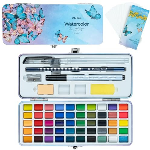 Ohuhu Aquarellfarben Set mit 48, Lebendige Farben Aquarell-Reiseset mit einem Pinsel, einem Wasserpinsel, einer Palette, einem Bleistift und Aquarellpapieren, ungiftig abwaschbar für Künstler