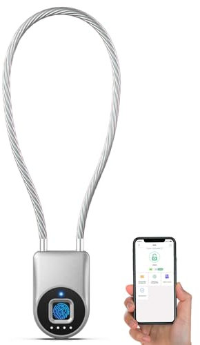 Anweller Fingerprint Cable Lock, 14 Long Shackle Small Padlock, Keyless Entry Biometric Bluetooth Smart Waterproof Combination Pad Lock for Gate Outdoor Fence Fridge Cabinet Locker Pool Bike - Silver