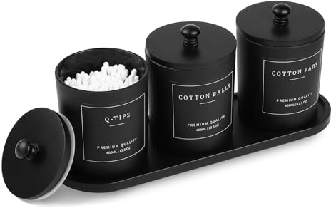 eggs sound 3 Pack Qtip Holder - Bathroom Organizers and Storage, Cotton Round Holder Cotton Swab Ball Dispenser Holder with Tray, Glass Apothecary Jars with Lids, Floss Pick Containers -black black