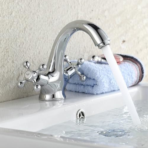 Grifo de baño, grifo vintage de doble manija giratoria para lavabo caliente y frío, para cocina y baño, grifos vintage de latón (cromo)