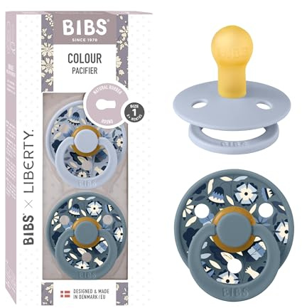 BIBS Liberty Dummies | 2 Colour Natural Rubber Latex Soothers | BPA Free Dummy | Round Nipple Pacifier | Designed & Made in Denmark | Bobo Dusty Blue Mix | Size 1 | 0+ Months