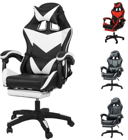 Gaming Chair, Computer Chair with Lumbar Cushion, Headrest, Height-Adjustable Office Chair Gaming Chair for Adults, Girls, Boys (white, with footrest)