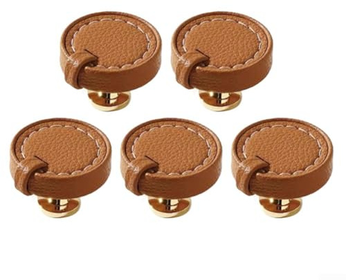 Eawfgtuw Schubladengriffe aus Leder, rund, 36 mm breit, 28 mm lang, Zinklegierung, Möbelgriffe für Küche, Badezimmer, Schrank, Schubladen, Braun, 5 Stück