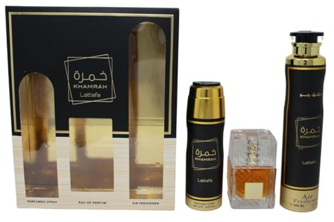 Khamrah Lattafa Coffret Cadeau, Eau de Parfum 100ml, Spray Parfumé et Désodorisant d'Ambiance 300ml, Collection Luxe, Noir et Or