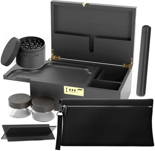 UkGlass Wooden Stash Box Kit with Grinder, Smell Proof Bag, Wooden Rolling Tray, Tube, Two Glass Containers and Rolling Stand - Complete Smoking Accessories Set