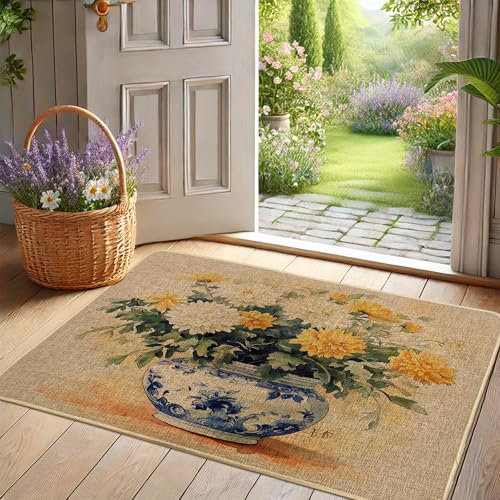 Fußmatte mit Blumenmuster, gelbes Chrysanthemen-Design für Haus und Garten, Eingangsdekoration, Gummi, wasserdicht, rutschfest, staubabsorbierend, einfache Pflege, 73,2 x 43,2 cm