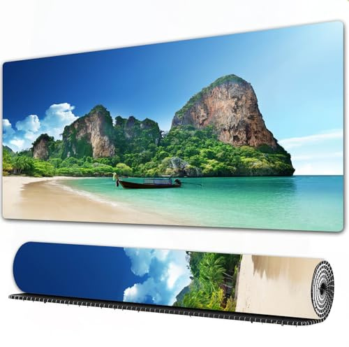 FEHWI Gaming Mouse Pad Extra Large Keyboard Mouse Mat Desk Pad Soft Smooth Surface and Anti-Slip Rubber,Tropical Set,Railay Beach in Krabi Thailand Small Boat Crystal Water Rock Cliff Trop,16x35.5 in