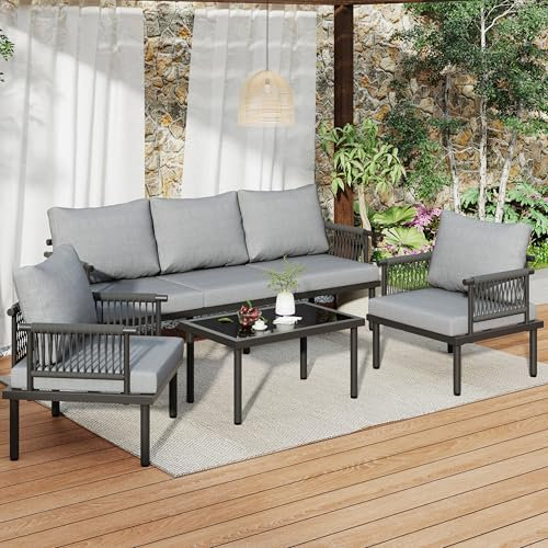 4-er Gartenmöbel Set Balkonmöbel Set aus Seil&verzinktem Stahl, Terassenmöbel Außen mit 3er Sofa, 2 Sessel, Couchtisch, Sitzkissen&Rückenkissen, Garten Loungesessel Set für Terrasse/Balkon/Garten,Grau