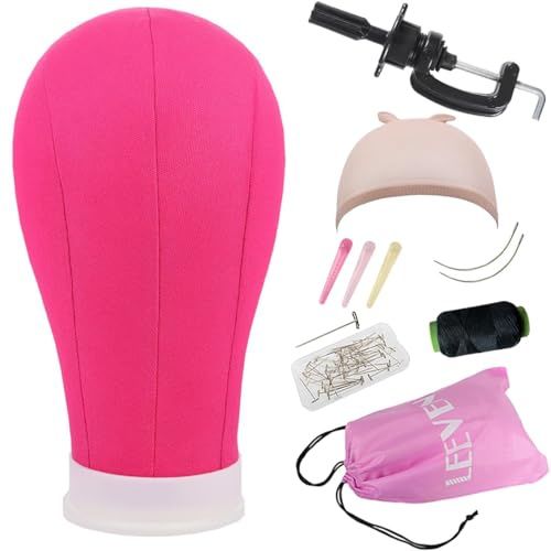 Leeven 22 Inch Canvas Wig Head Poly Manikin Head for Making Wigs Professional Mannequin Head with T Pins Clamp Stand Canvas Block Head Wig Making Accessories 22 Inch /Pink