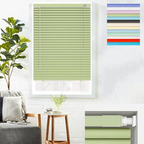 No Tools No Drill Aluminum Mini Blinds 1 Slat Cordless Darkening Window Shades, Custom Size Horizontal Venetian Blind for Indoor Home Office Windows Waterproof Privacy Blinds(Green)