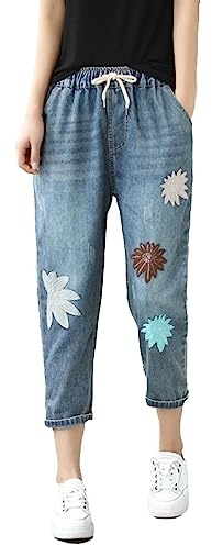 Pantalon Capri pour femme IQYU - Jean d'été stretch - Pantalon 7/8 pour femme - Jean d'été à jambe droite - Pantalon d'été - Pantalon trois-quarts long - Pantalon vintage harem - Jean avec broderie