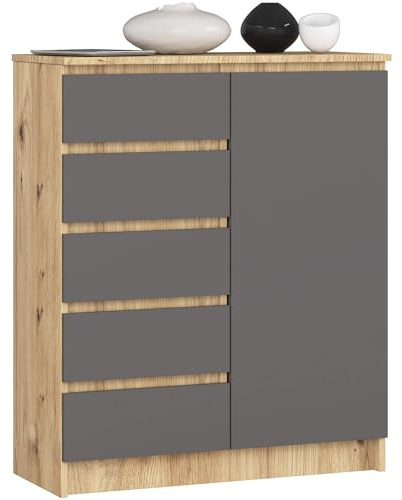AKORD Kommode K80 mit 5 Schubladen, Schrank mit 1 Tür 3 Regalböden, Für das Wohnzimmer Schlafzimmer, Moderne, 16mm Laminierte Platte, B80xH97xT35 cm, Farbe Artisan-Eiche & Graphitgrau