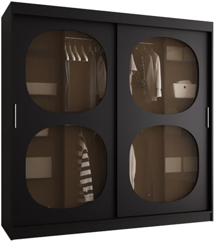 MEBLE KRYSPOL - Kleiderschrank - Schlafzimmerschrank - BxHxT 200x200x62cm - Schrank mit Schiebetüren mit Rauchglas, 2 Kleiderstangen und Fächern - Garderobenschrank BAHRAJN 2 - Schwarz