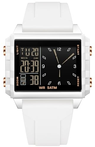 findtime Reloj digital para hombre y mujer, impermeable, rectangular, cronómetro, alarma de cuenta atrás, esfera analógica, correa de silicona, reloj colorido para hombre, blanco