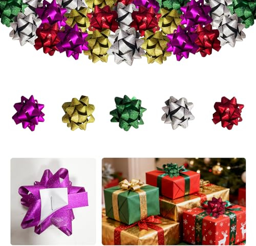 CIYIN Fiocchi Regalo Fiocchi Decorativi Autoadesivi 2 Pollici, Effetto Scintillante (Glitter), 5 Colori Diversi, 10 Pezzi per Colore, Totale 50 Pezzi