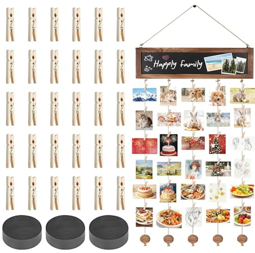 38*90cm Tenda portafoto da appendere, fotoleine con 30 clip in legno e 5 corde di canapa, cornice per foto collage, foto parete fai da te, fotogirlanda in legno, decorazione murale, tenda portafoto