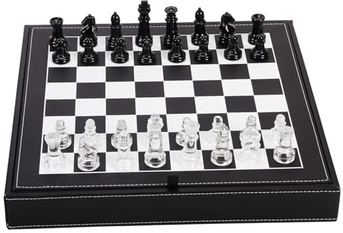Lkvent Schachspiel Schwarz-weißes Schachspiel aus Glaskristall, 2 zusätzliche Damen mit 13,2-Zoll-Schachbrett, Schachbrettspiele for Kinder und Erwachsene Schachbrett