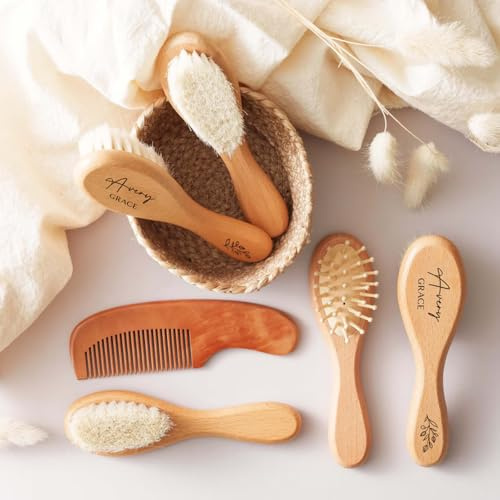 Individuelles Baby-Geschenk für Mädchen, personalisierbare Holz-Babyhaarbürste, individuelle Babybürste, Babyparty-Geschenk für Mädchen, Baby-Andenken, Geschenk für Jungen, 3-teiliges Set