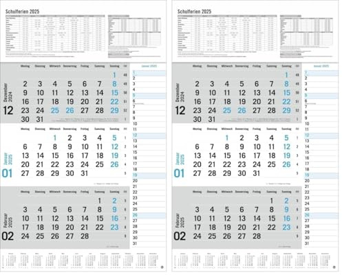 3-Monats-Planer 2025 mit Klappfälzel mit Ferienterminen.: Praktischer Wandplaner mit Datumsschieber. Büro-Kalender mit Notizspalte und Jahresübersicht. Wandkalender 2025. (Bürokalender Heye)