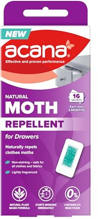 Acana Natural Moth Repellent Sachets 16 Pack for Drawers & Storage – Plant Based Formula – Long Lasting Protection Up to 3 Months – Protects Clothes & Fabrics