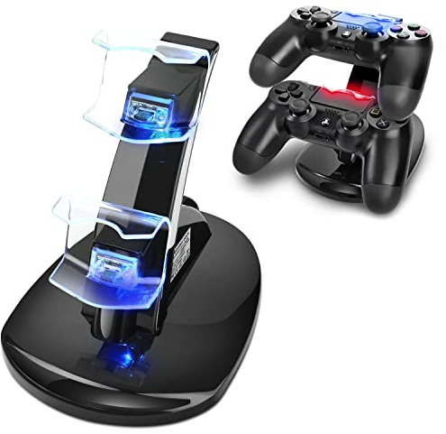 Controller Charge Station - 2x USB Simultaneous Charger Dual Charging Dock Cradle Stand Accessory for Sony Playstation 4 Gaming Control with LED Indicator + Micro Cable (Black)
