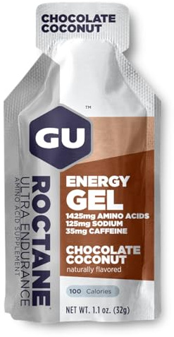 GU Roctane Energy Gels, Chocolate Coconut 24 Pack - 100 Calorie Energy Gel with Carbohydrates, Caffeine, BCAAs and Electrolytes - Pre-Workout Fuel for Running, Cycling, Triathlon and Endurance Sports