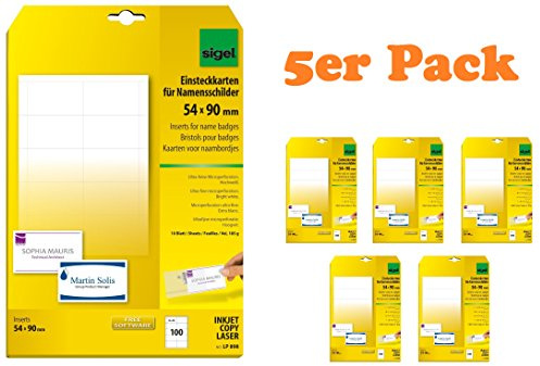 Sigel LP898 PC-Einsteckkarten für Namensschilder weiß, 54x90 mm (A4), 100 Stück (5)