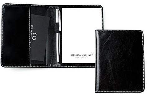 DELMON VARONE - Personalisierbares Notizblock Etui DIN A7 aus Vintage Leder Anilin schwarz, Taschen Reporterblock im Lederetui mit Mini Kugelschreiber, Stiftschlaufe, Einschubfach und Notizblöcke