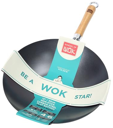 School of Wok - Wok de acero al carbono antiadherente de 30 cm, parte inferior plana, mango de bambú