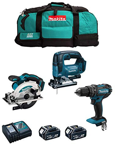 MAKITA Kit MK302 (Perceuse à Percussion DHP482 + Scie Circulaire DSS610 + Scie Sauteuse DJV182 + 2 Batteries de 5,0 Ah + Chargeur + LXT600)