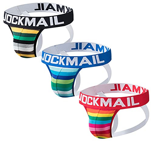 JOCKMAIL 3 Stück/Pack Herren Slip Suspensorium Mode Herren Unterwäsche Sportlich Suspensorium Sport Unterwäsche Slips Athletische Unterstützer (L, Schwarz+Blau+Rot)