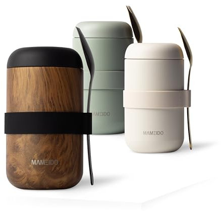 MAMEIDO Thermobehälter für Essen 500 ml, Müslibecher to go Edelstahl, Thermobecher Essen auslaufsicher, Ideal für Joghurt, Porridge, Brei, Suppen & Eis (Oak Wood)