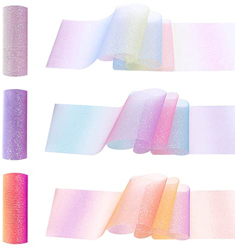 Belvanr Tüllrolle, Pailletten, Regenbogenfarben, 3 Rollen, Spule, 15 cm x 9 m