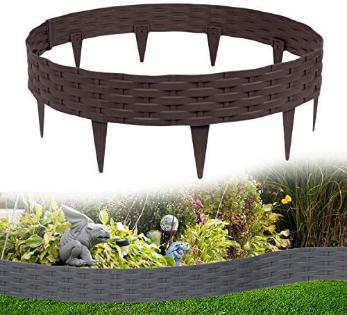 TRMLBE Rasenkante Beeteinfassung 100cm 10 Stück Beetumrandung Biegbarer Kunststoff Rattan-Optik Beetzaun Gartenpalisade Mähkante Randsteine Beeteinfassung für Garten Rasen Dekorativ, Braun