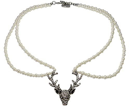 Alpenflüstern Perlen-Trachtenkette Strasshirsch - Damen-Trachtenschmuck Dirndlkette (creme-weiß) DHK322