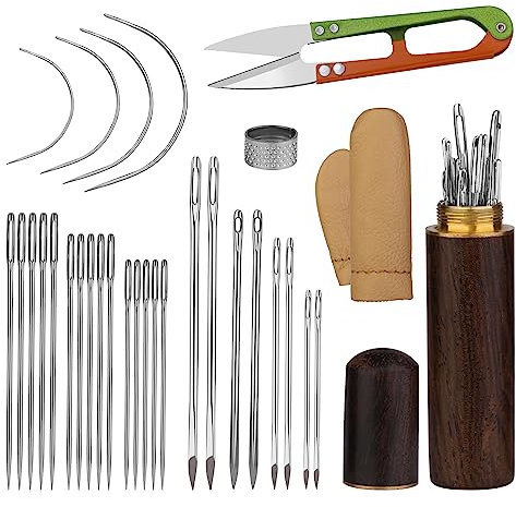 Lot de 31 aiguilles en cuir, aiguilles à coudre à la main en cuir avec 4 aiguilles incurvées, aiguilles à grand chas et bouteille de rangement