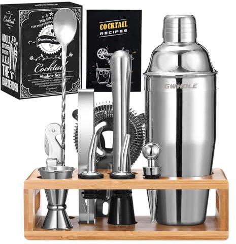 GWHOLE 10 x Cocktail Shaker Set Edelstahl Cocktail Mix Set Barkeeper Kit Cocktailset Profi Cocktailset Shaker Cocktails Bar Zubehör mit Rezeptbuch & Ständer für Zuhause Party Geschenk Bar