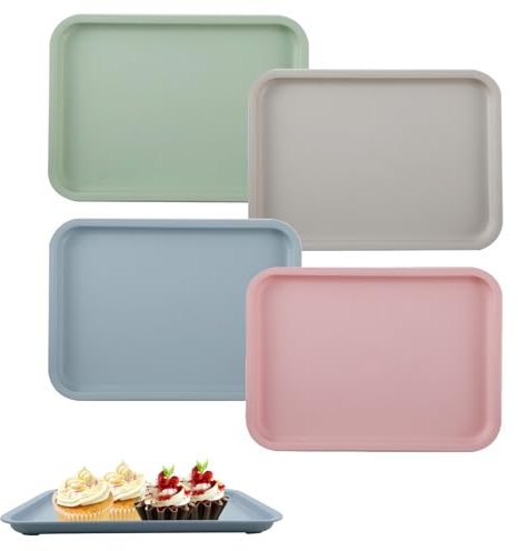 milaosk Lot de 4 plateaux de service rectangulaires, petits plateaux pour nourriture, boissons, collations, cuisine, café, boulangerie, multicolore, 25 x 18 x 1,6 cm, en polypropylène, rectangulaire