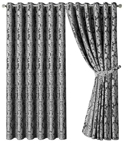 OpulentDreams Jacquard Curtains - Heavy Ring Top Window Curtains for Bedroom & Living Room - Fully Lined - Includes Two Tie Backs - Pair of Panels (Dark Grey - Eyelet, 90 x 90 (228 x 228 cm))