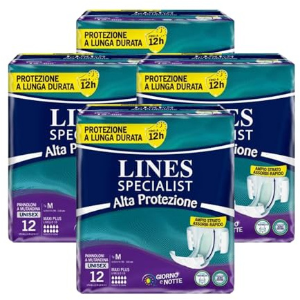 Lines Specialist Pannolone a Mutandina Maxi Plus per Incontinenza Unisex, Alta Protezione fino a 12 ore, Zero Odore, Taglia M, Confezione da 12 (4 Confezioni (48 Pannoloni))